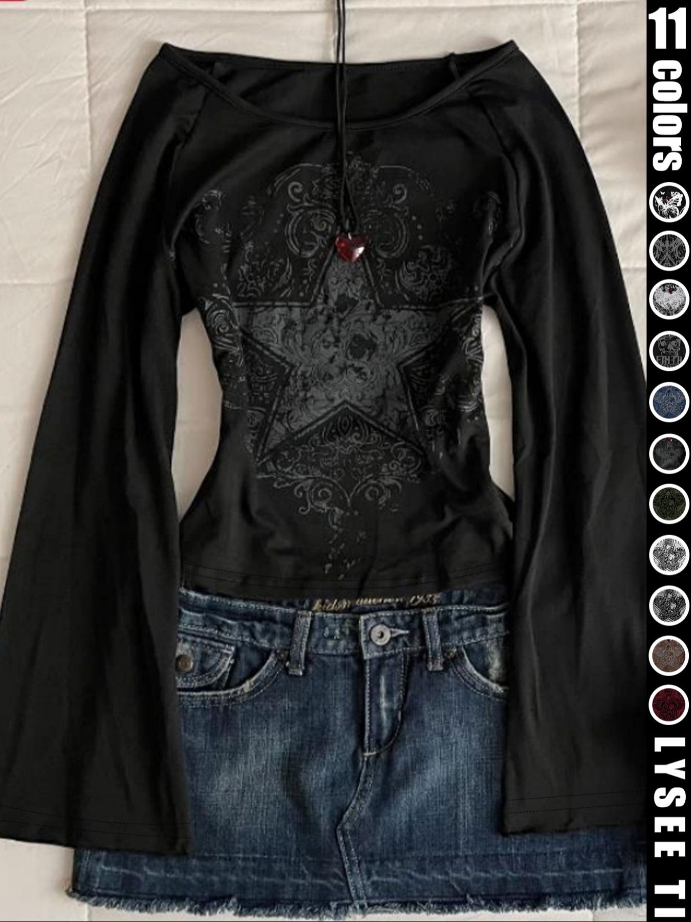 Fashion and casual Y2K women's Fitted five pointed star printed round neck flared sleeve top