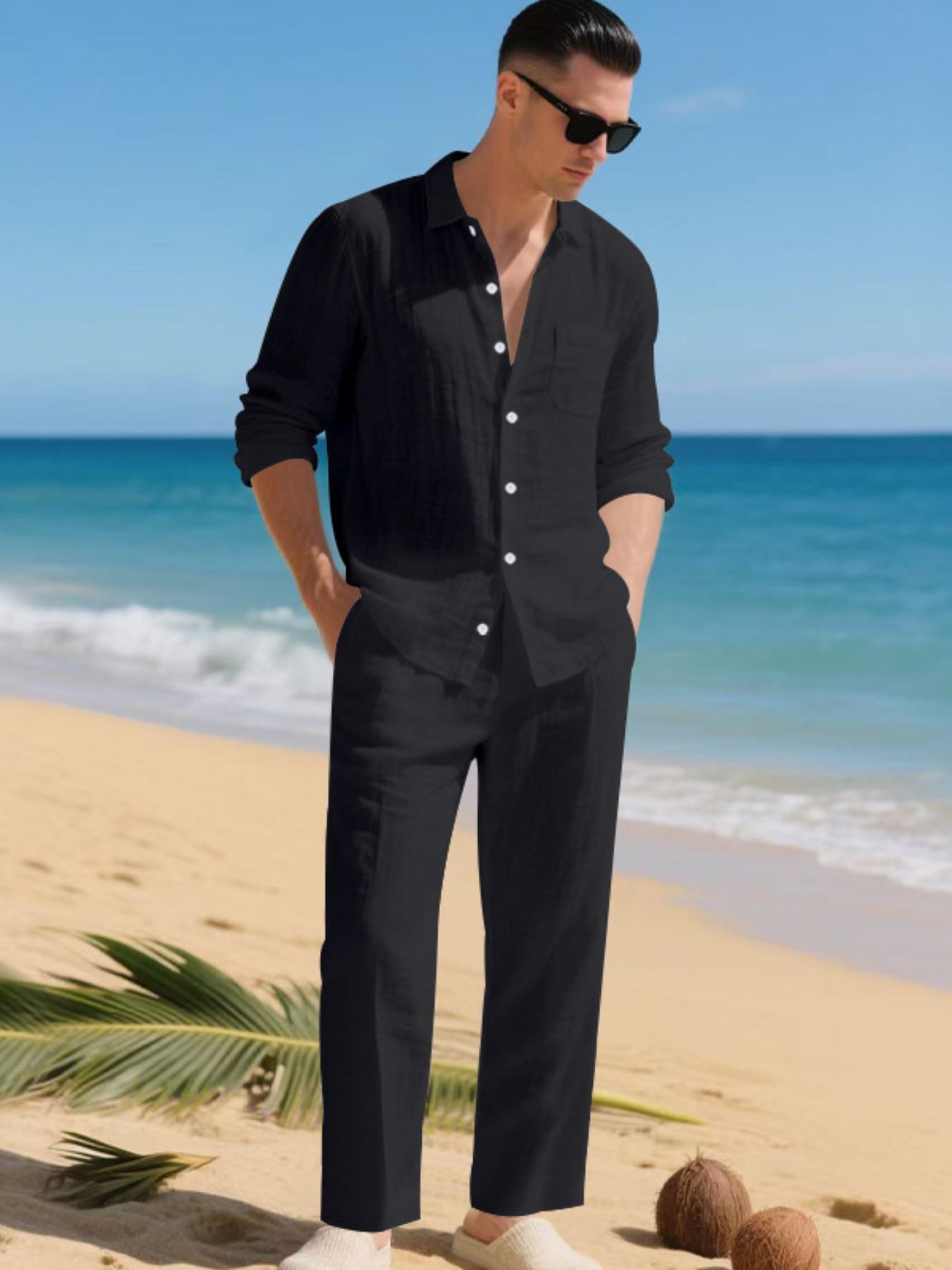 Men's Summer Linen Shirt & Pants Set, Casual Long Sleeve Beachwear, Comfortable Fashion Clothing for Vacation