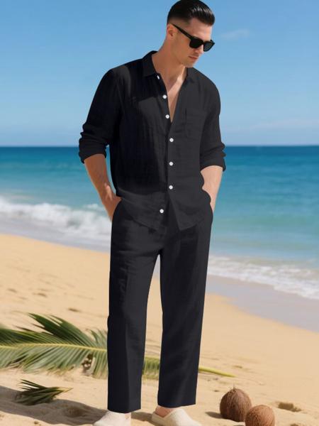 Men's Summer Linen Shirt & Pants Set, Casual Long Sleeve Beachwear, Comfortable Fashion Clothing for Vacation
