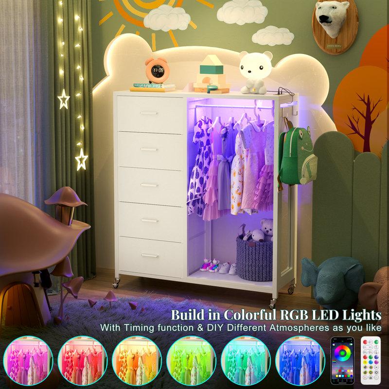 5-Drawer LED Bedroom Dresser with Full-Length Mirror, Clothes Rack, and Built-in Charging Station – Multifunctional Storage Solution for Bedroom, Living Room, or Foyer, Featuring Versatile Design, Magic LED Lighting, and Easy Mobility