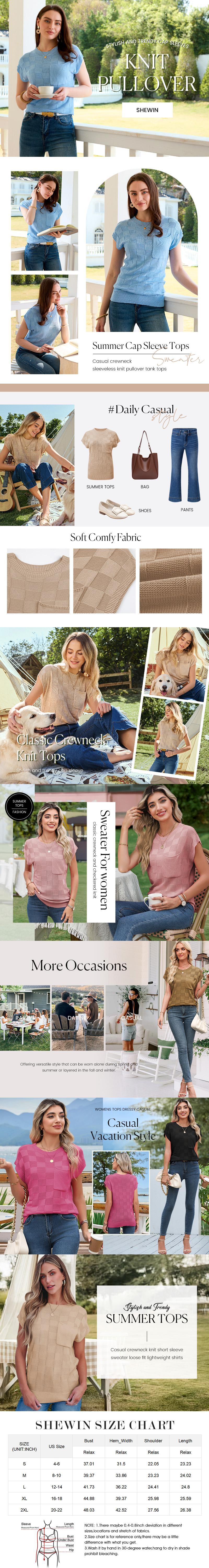 Shewin 2026 Spring/Summer Women's Cap Sleeve Sweater Vest Casual Crewneck Knit Short Sleeve Tops Lightweight T Shirts with Pocket Womenswear Fitted Basic Batwing Sleeve - Shortsleeve SpringStatements