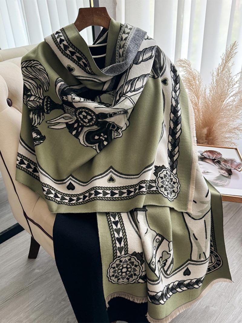 Boho-Style Horse-Pattern Scarf with Fringe-Trim, Casual Soft Warm Shawl for Fall and Winter, Fashion Accessory for Women & Girls