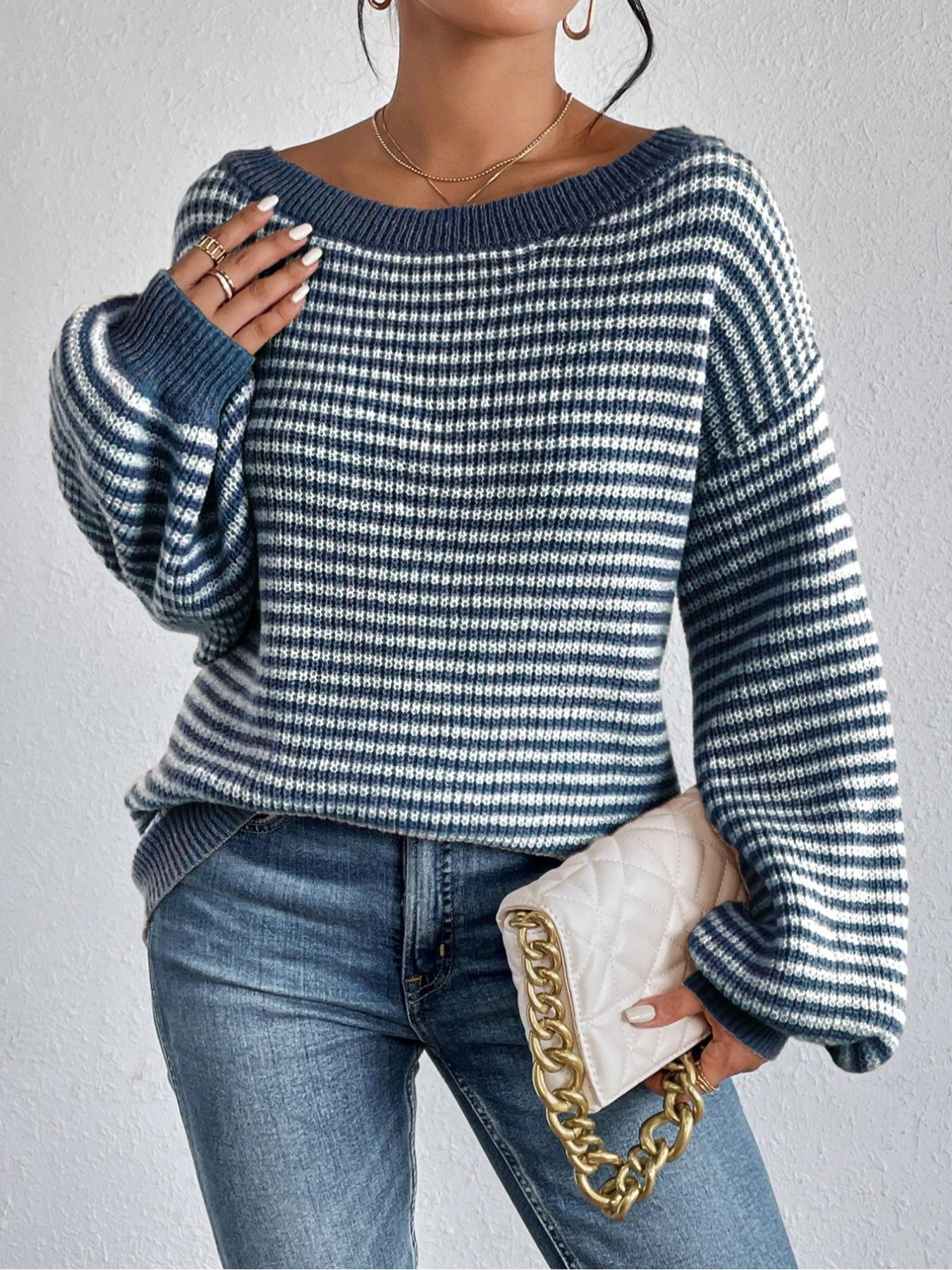 Women's Striped Drop-Shoulder Sweater, Casual Bishop Sleeve Boat Neck Jumper for Daily Outdoor Wear, Ladies Knitwear for All Seasons, Womenswear, Tops