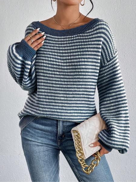 Women's Striped Drop Shoulder Sweater, Casual Bishop Sleeve Boat Neck Jumper for Daily Outdoor Wear, Ladies Knitwear for All Seasons, Womenswear, Tops Women's Striped Drop Shoulder Sweater, Casual Bishop Sleeve Boat Neck Jumper for Daily Outdoor Wear, Ladies Knitwear for All Seasons, Womenswear, Tops