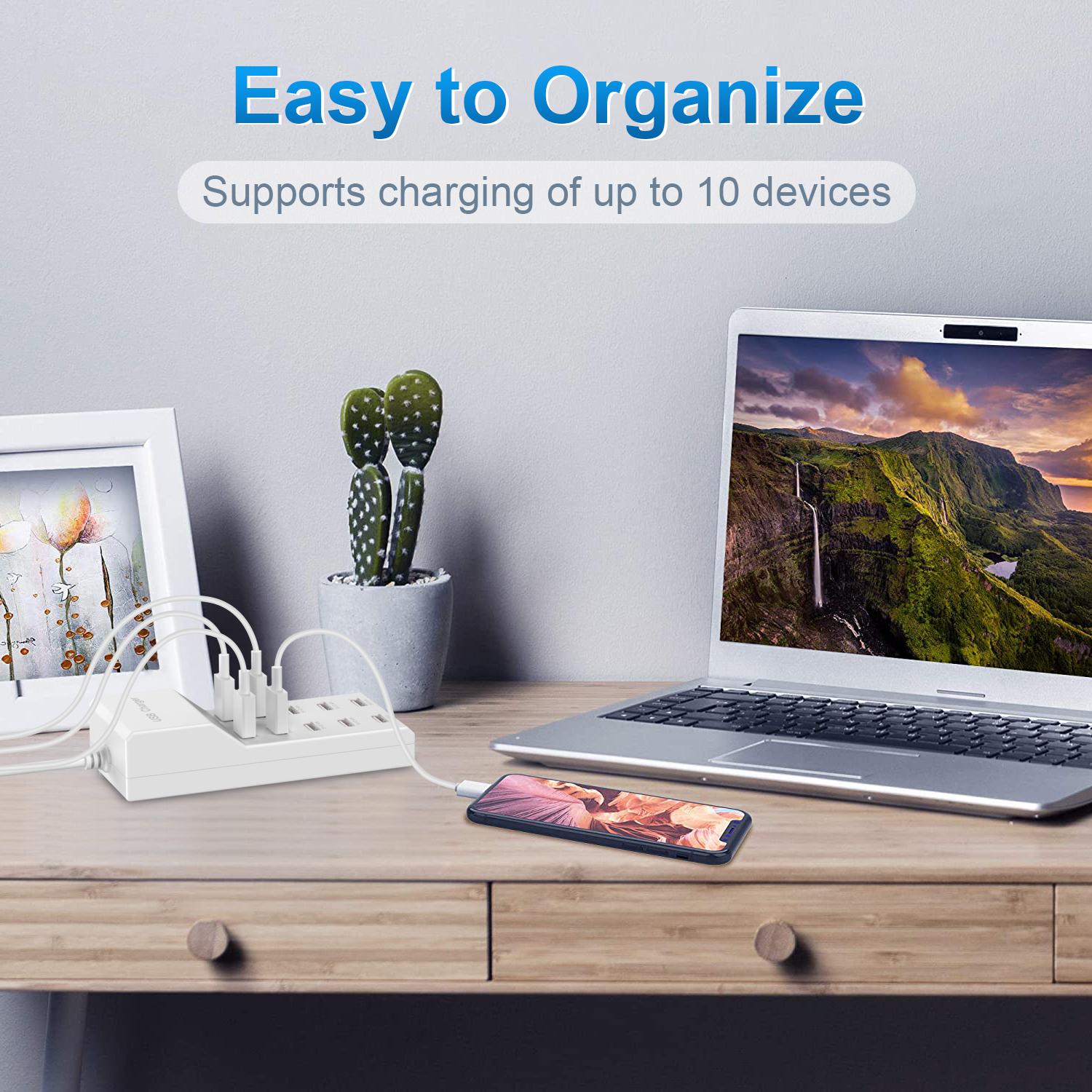 50W 10A USB Charger, 10-Port USB A Ports Desktop Charging Station, Multi Port Travel Fast Wall Charger HUB for Smart Phones, Tablet and More