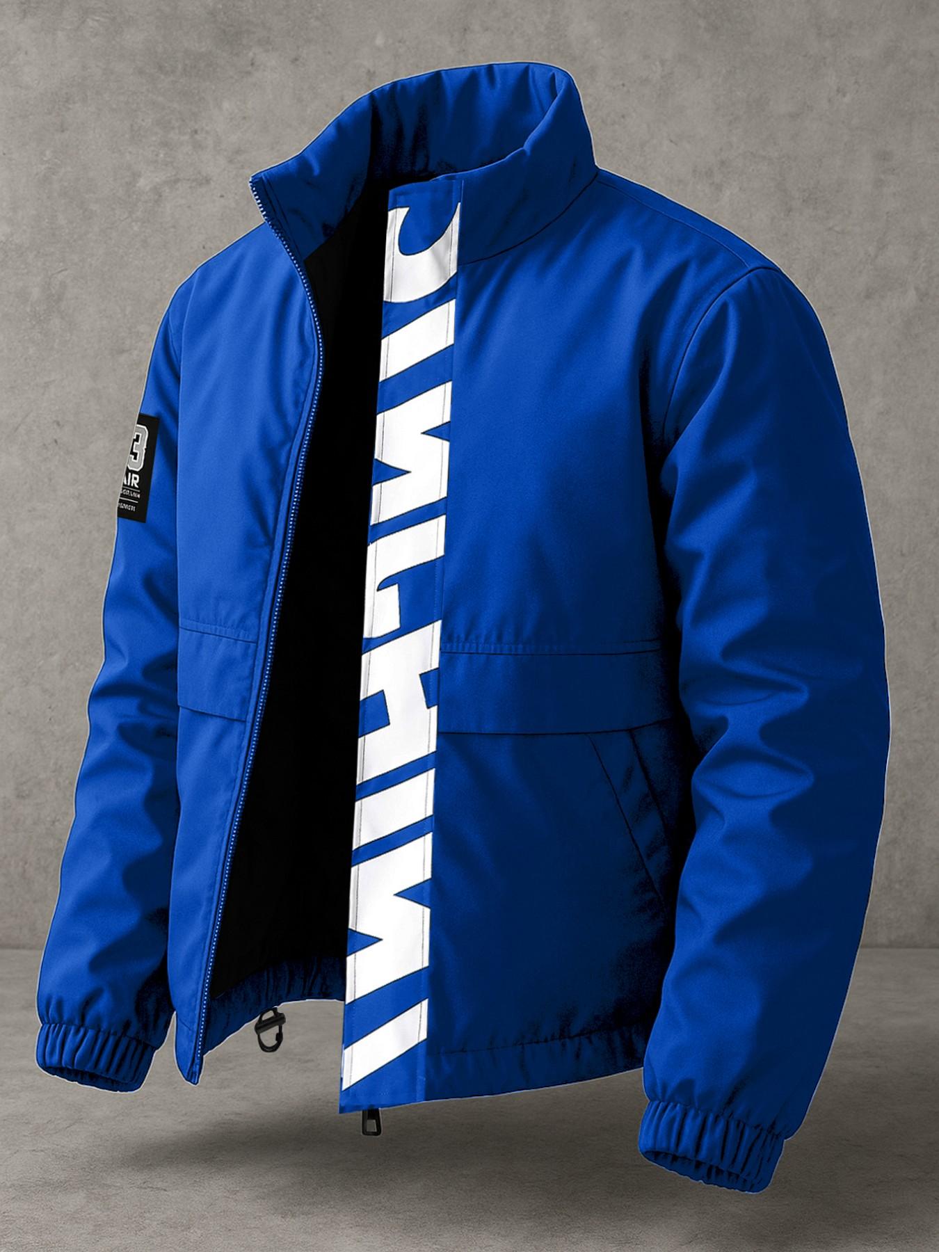 Men's Casual Workwear Zipper Jacket, Windproof Anti-Wrinkle Fabric, Stand Collar, Practical Pockets, Fashion Letter Print, Loose Fit