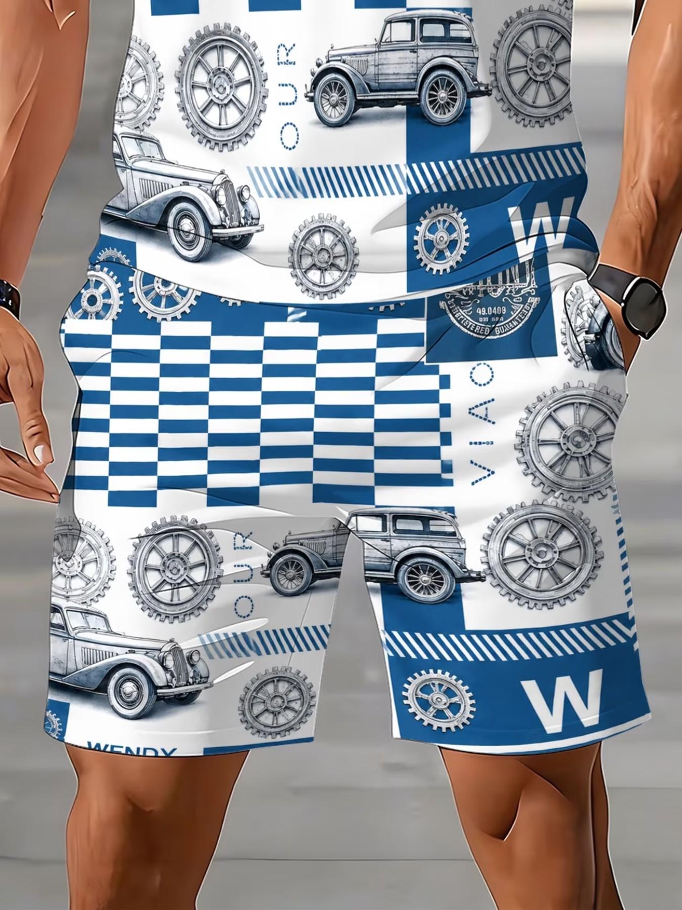 Men's Polo Set, Summer Short Sleeve Polo Shirt Set, Vintage Car Print, Casual Sporty Two-Piece, Breathable Collar Top with Drawstring Shorts