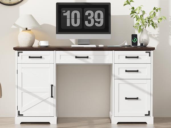 VOWNER 55" Farmhouse Executive Desk, Computer Desk with Drawers and Cabinet, Home Office Desk with Charging Station, Letter/A4 File Drawer, Wood Desk with Storage for Work Study Writing, White