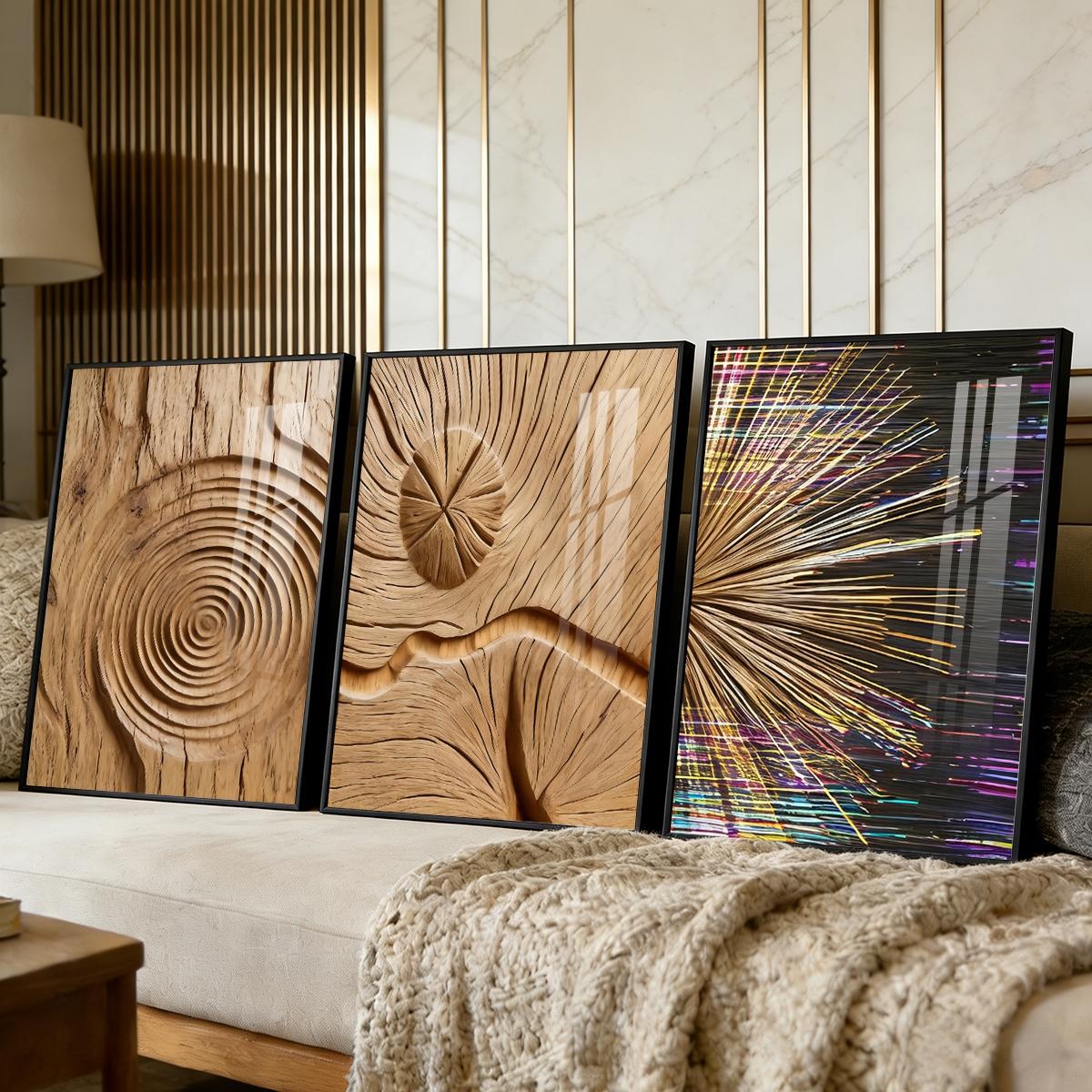 3 Counts Aluminum Alloy Framed Painting, Abstract Wood Texture And Light Burst Art, Home Decoration For Living Room, Bedroom, Office, Restaurant, Hallway Wall Decor, Odorless Print Artwork, Luxury Perfect Gift For Friends And Family