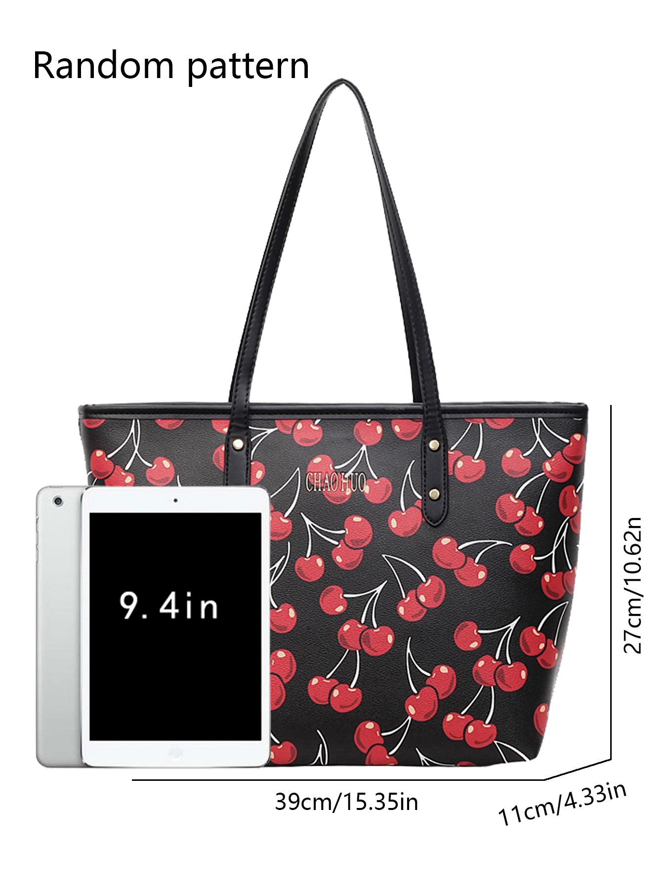 Niche cherry fruit pattern printed tote bag, Lightweight tote bag, one-shoulder underarm bag, casual handbag, Casual commuter bag, Casual trendy purses, versatile for daily commuting, multiple colors available, suitable for college students