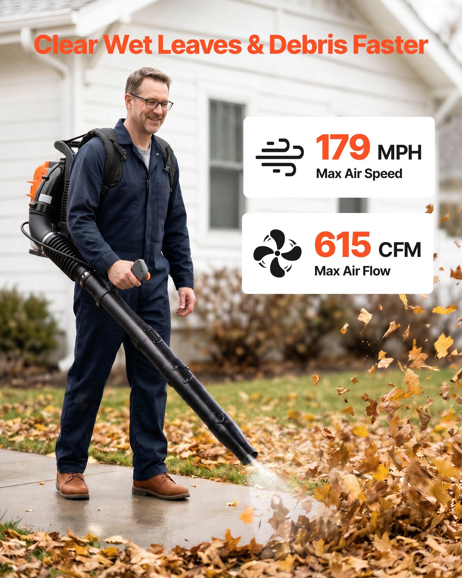 VEVOR Backpack Leaf Blower, 75.6CC 4-Stroke Engine Gas Powered Leaf Blower with 1.8L Fuel Tank, 615 CFM Air Volume, 179 MPH Air Speed, Ideal for Lawn Care, Leaves Cleaning, Yard Debris & Snow Removal