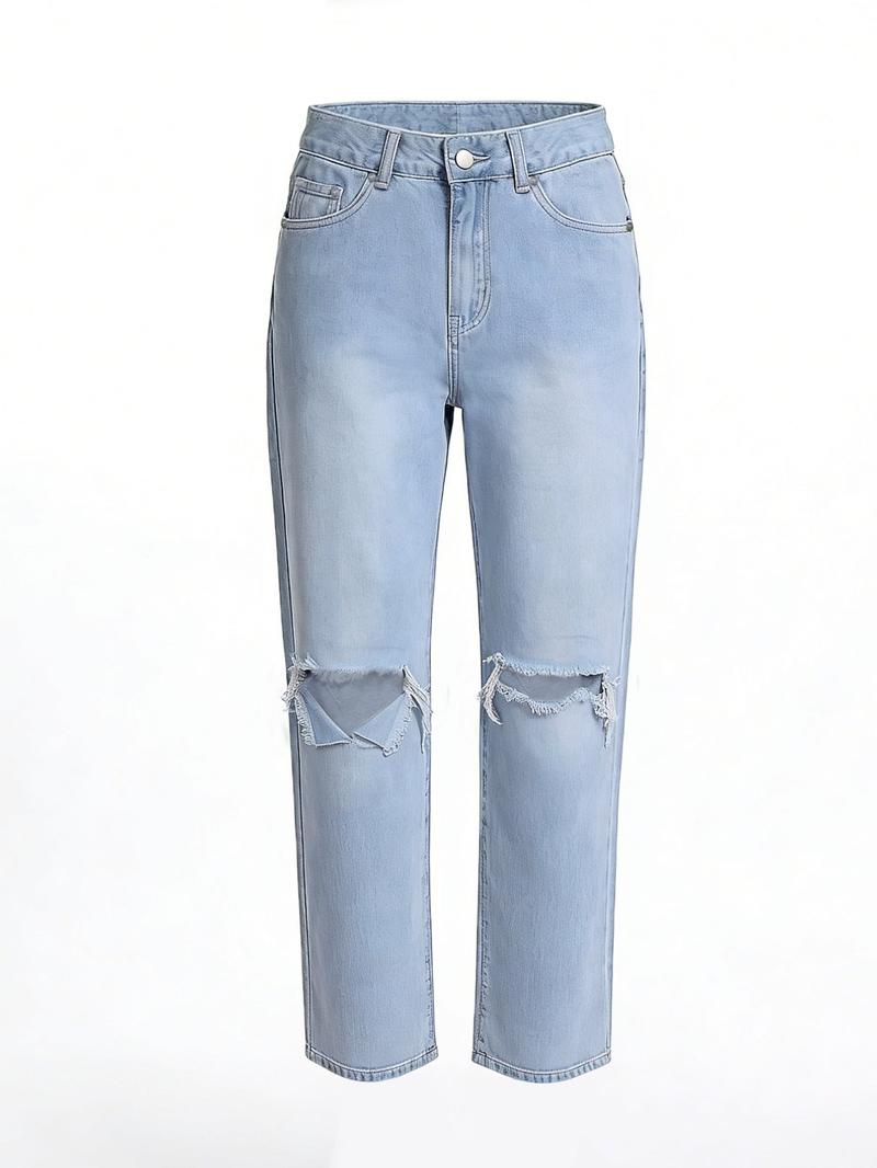 NVFelix Women's Plain Distressed Jeans, Fashion Casual Denim Pants for Daily Outdoor Wear, Women's Denim Jeans for Spring & Fall