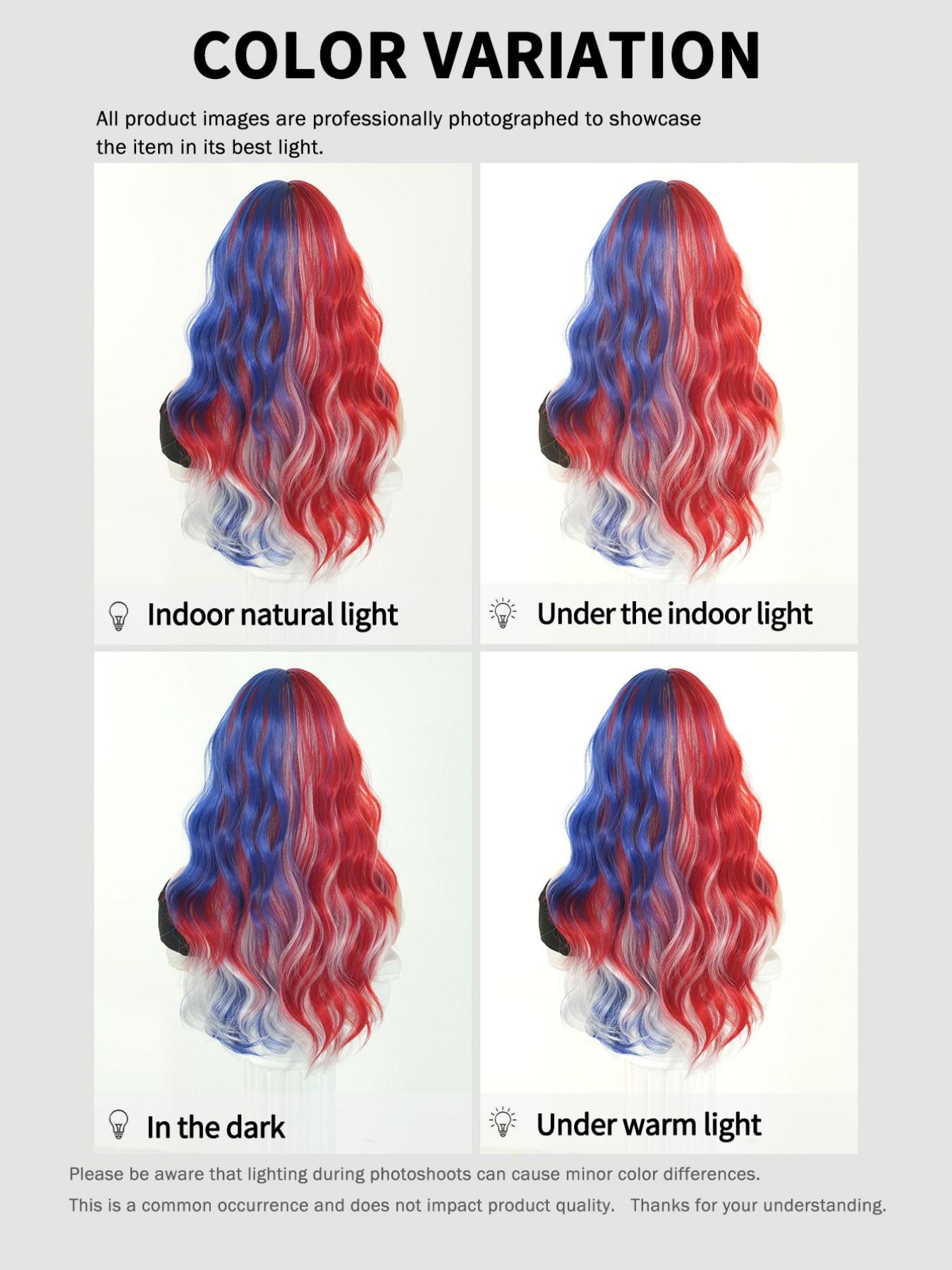 Red White & Blue Wigs for Women 22 Inch Medium Length Wavy Curly Wig with Bangs Synthetic Heat Resistant Wig for festival Fan Zone Support