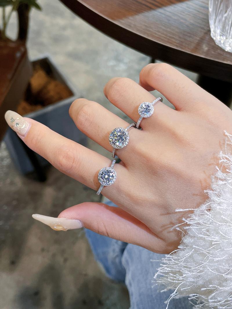 【#14 Classic】Round Halo Synthetic Moissanite Ring in 925 Sterling Silver for Women 0.5-2carat D Color VVS1 Clarity Synthetic Moissanite Size 4.75-9 gift