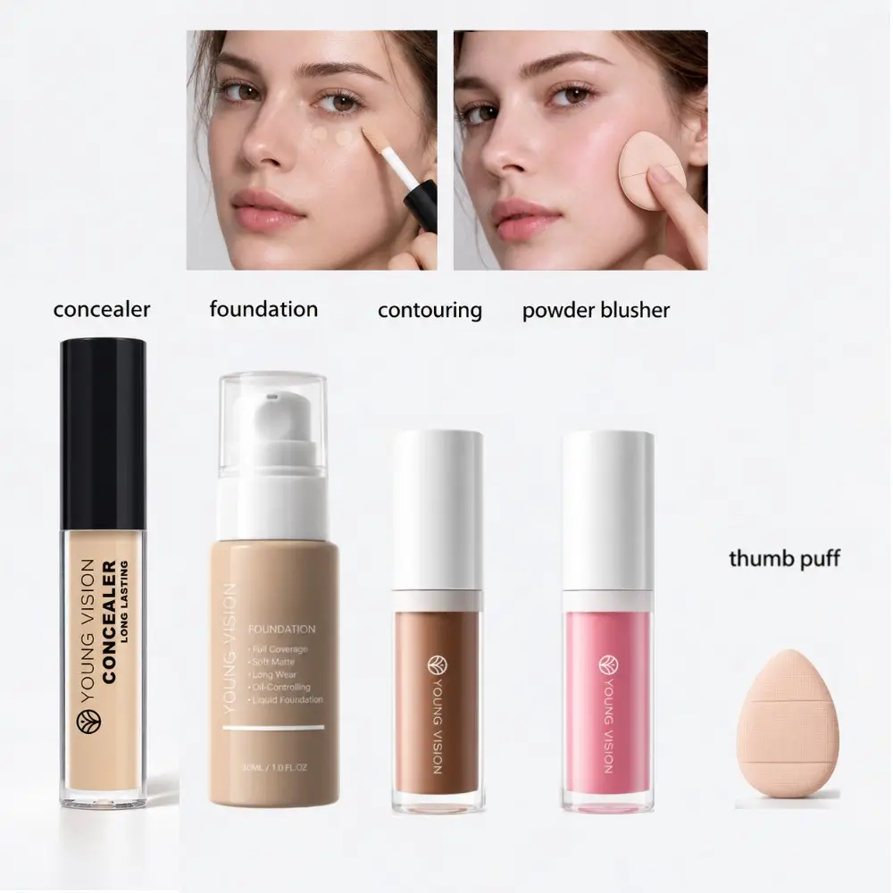 YOUNG VISION Beginner Makeup Set, Face Makeup Set, Oil Control Long-Lasting Foundation, Concealer, Liquid Contour, Blush, Thumb Brush Included