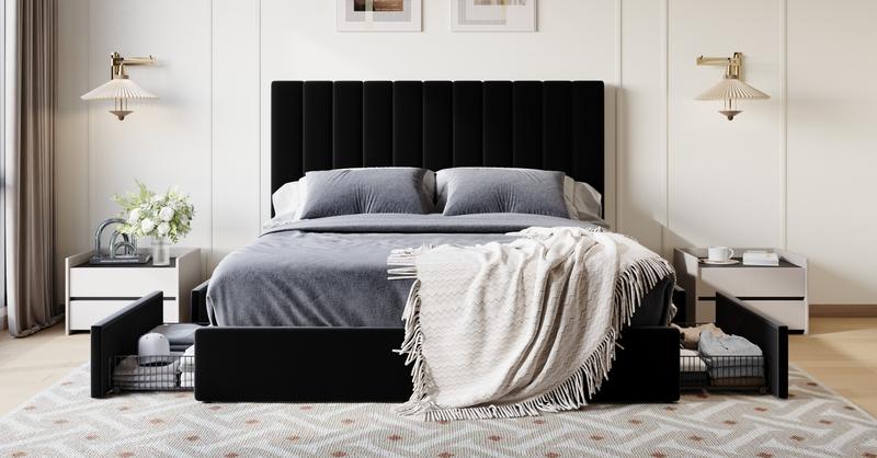 SHA CERLIN Full/Queen/King Size Storage Bed Frame with Adjustable Vertical Channel Tufted Headboard - Velvet Upholstered Platform Bed with 4 Drawers, Wooden Slats & No Box Spring Needed (White/Black/Grey) 【Frame Only No Mattress】