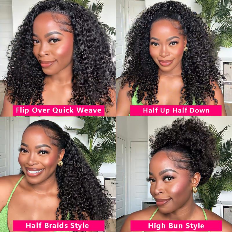 [Glueless Half Wig] QUANDIAN Kinky Curly Half Wig Wear Go Glueless Human Hair Wigs 200% Density Upgrade with Drawstring Cap Invisible Hairline Beginner Friendly
