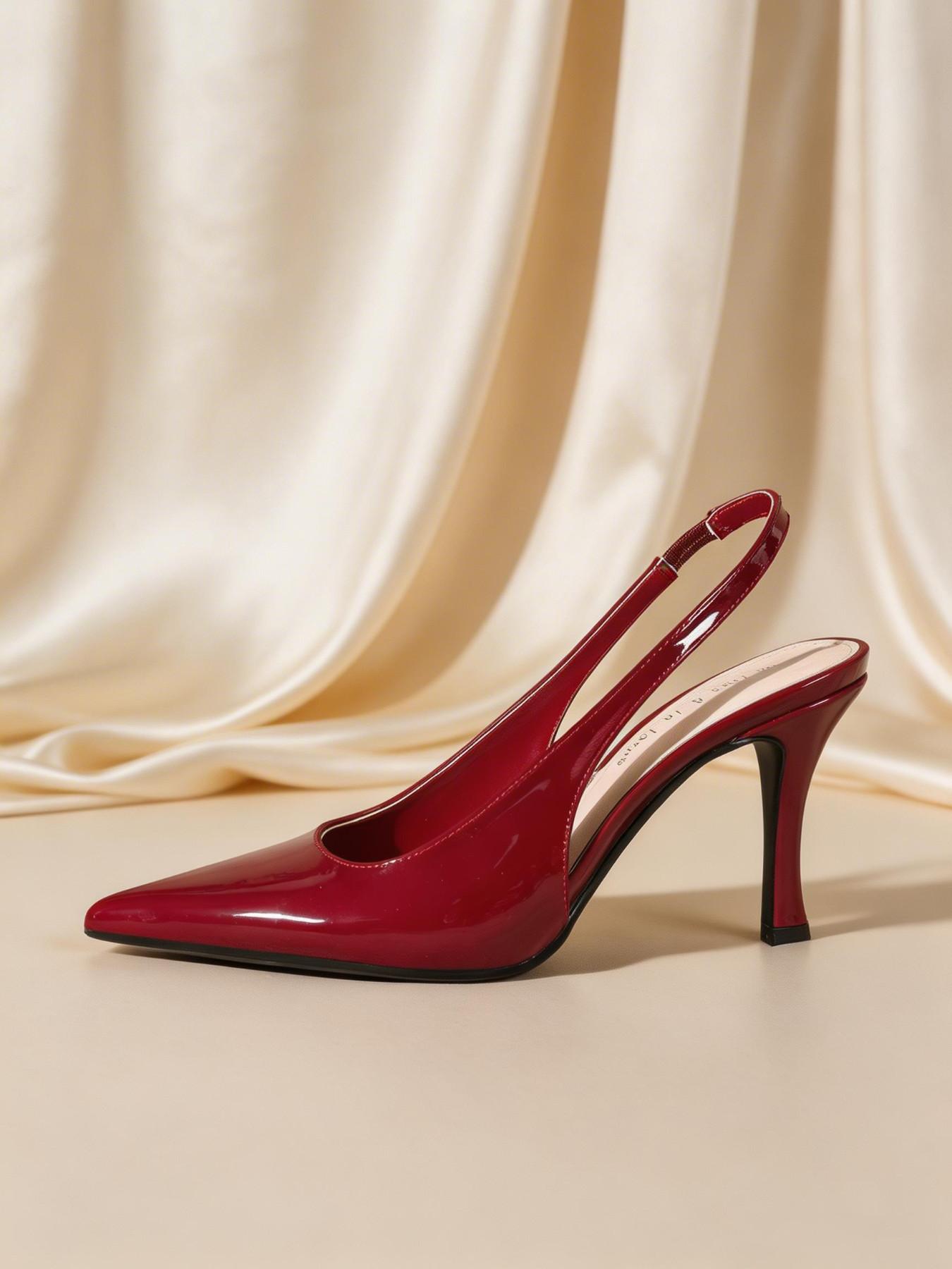 Women's Mirror Patent Leather Slingback Heels | Women's Burgundy & Black Heeled Sandals | Pointed Toe Stiletto Pumps | Sexy, Elegant & Comfortable Heels for Date Night, Wedding, Party and Office