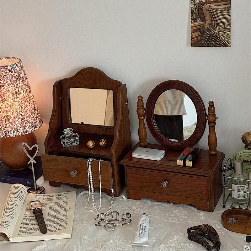 Rotatable Makeup Mirror Desktop Organizer Box, French Vintage Wooden Vanity Storage, Bedroom Desk Accessory, Unframed Edge Grinding Design