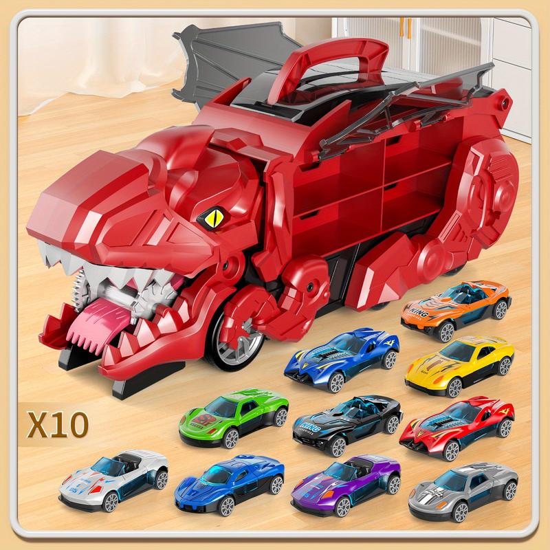 Dinosaur lover Devouring Truck Toy with 10 Random Color Style Die-Cast Cars Transforming Tyrannosaurus Rex Vehicle Inertia Toy alloy Car for Kids Age 3 to 6 that Transforms into Dino Birthday Gift Stocking Filler Christmas Gift Indoor Toy