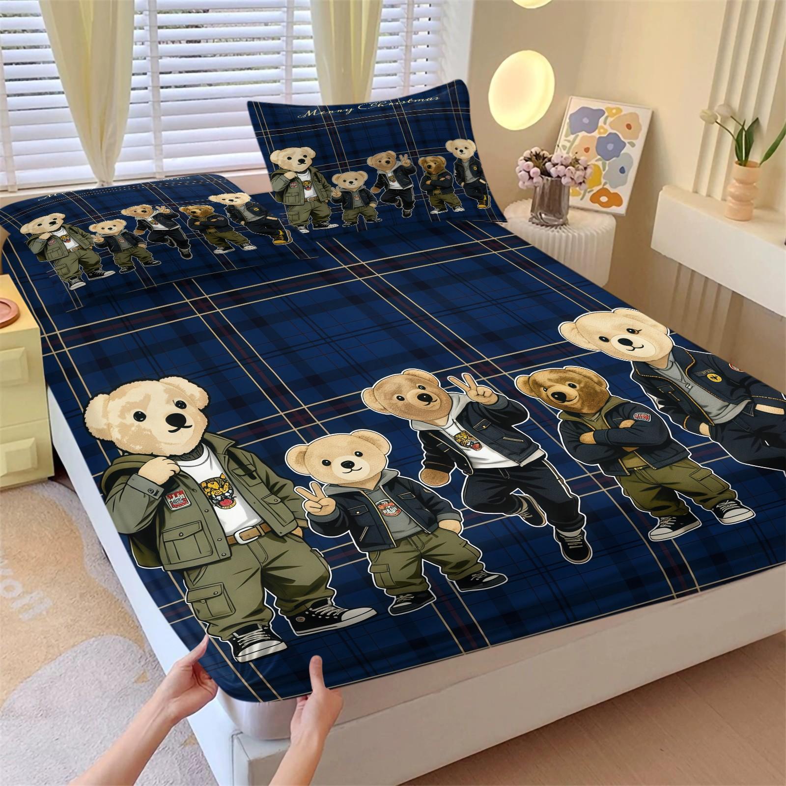 Teddy Bear Pattern Bed Sheet, Comfortable Printed Pattern, Includes 1 Bed Sheet and 2 Pillowcases, Comfortable Bedding, Non slip Dust Cover Suitable for Bedroom and Guest Room, Suitable as a Gift for Children or Adults