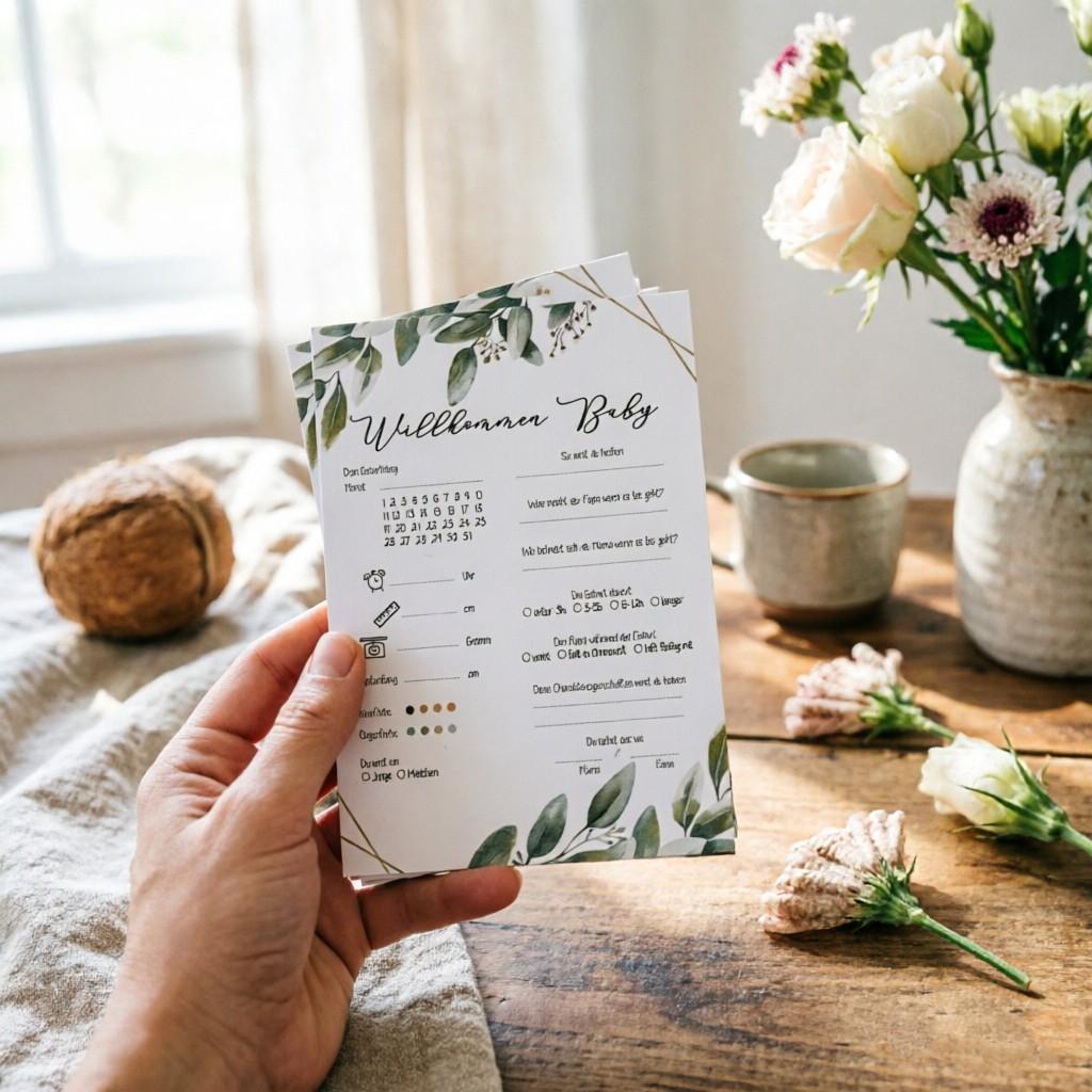 10 German Newborn Welcome Cards, Watercolor Leaf Baby Party Greeting Cards, Baby Birth Info Guessing Game, Interactive Paper