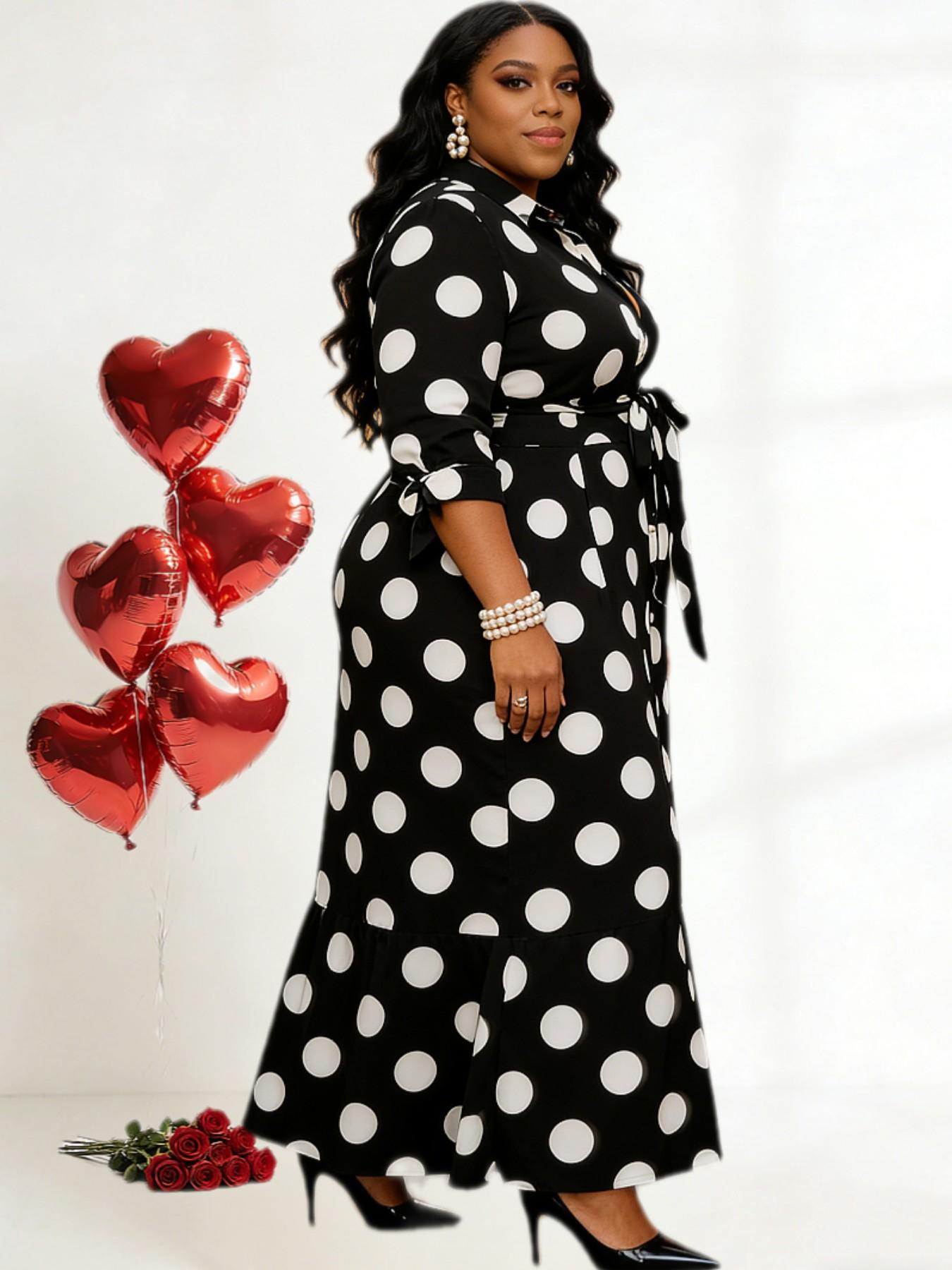 Plus Size Polka Dot Print Belted Button Front Shirt Dress, Elegant 3/4 Sleeve Tie Front High Waist Long Dress for Vacation Holiday Party, Women's Clothes for Summer