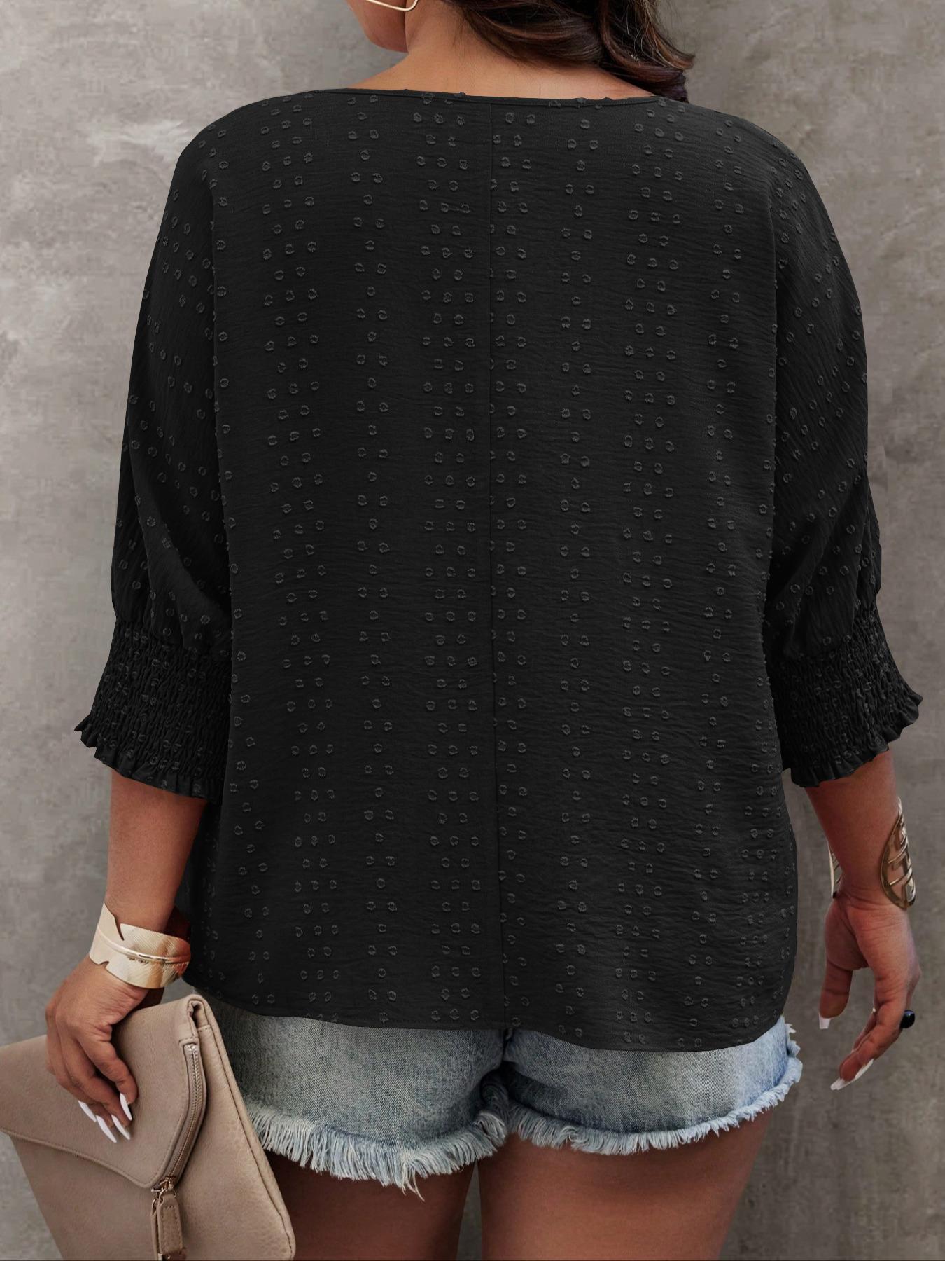 【 Plus Size】 Solid Embroidery Blouse, Casual Basic Round Neck Top for Daily Wear, Women's Clothing for All Seasons, Womenswear