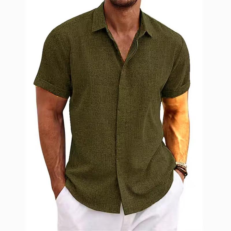 Men's Plain Linen-Polyester Short-Sleeve Button-Down Shirts - Loose-Fitting, Collared Neck, Lightweight, Breathable, Skin Friendly, Street Casual Tops for Daily, Semi-Formal Menswear