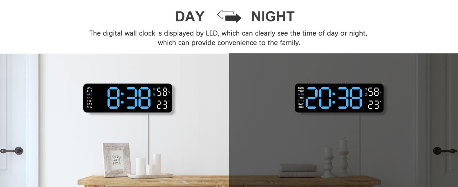 Digital Wall Clock Modern Large Display LED Technology Countdown Dimmer Date Week Temperature BlueMen Room Decor Partment Accessories,Electronic Wall Clock, Decorative Living Room Wall Clock, Light Set, Halloween Decor,Mount Switch