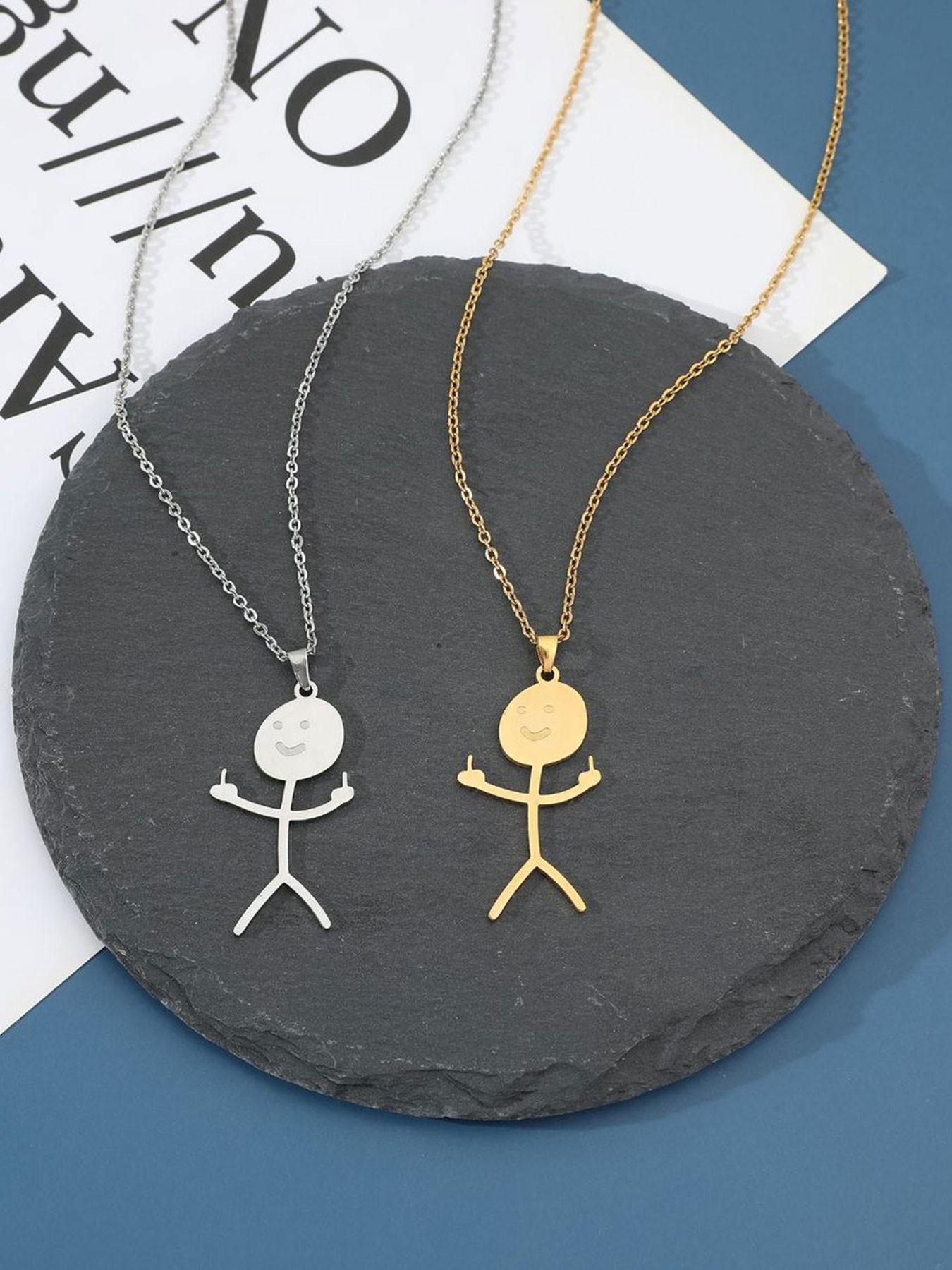 Funny Middle Finger Stick Figure Necklace, Fun and Unique, Unisex Accessory, or Silver Color, Trendy and Cool