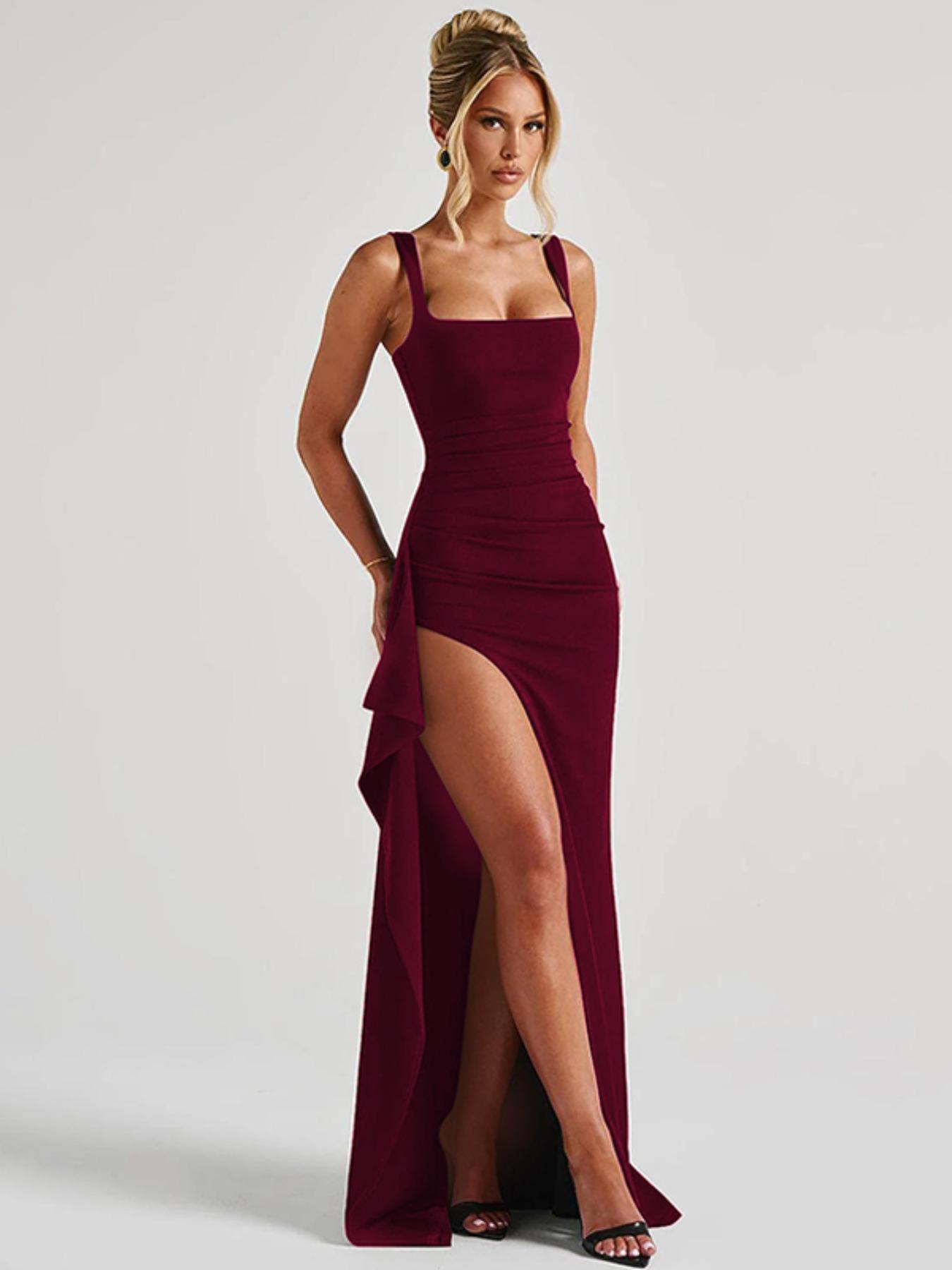 Women's Solid Color Ruched Side High Split Sleeveless Bodycon Slip Dress,  Sexy Backless Slit Square Neck
