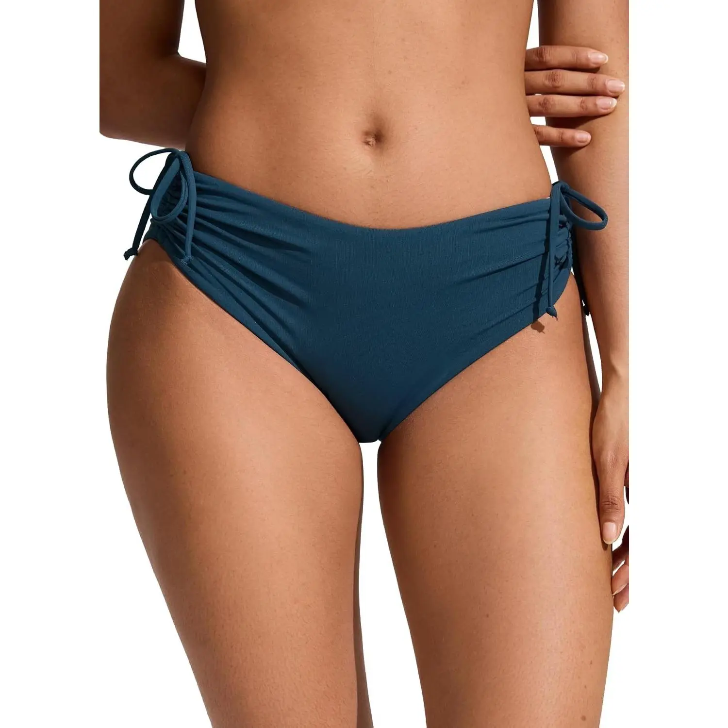 Mid Waisted Ruched Bikini Bottoms | Mid Cut Leg, Medium Bum Coverage, Adjustable Side Tie, Swim, Bathing Suit Briefs for Women