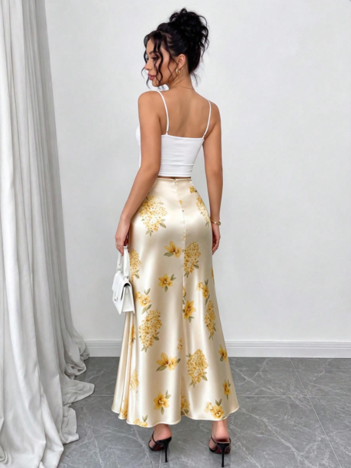 Elegant Champagne Floral Fish Tail Midi Dress, High Waist Flowy Satin Print Skirt, Medium-Length Bodycon Long Dress