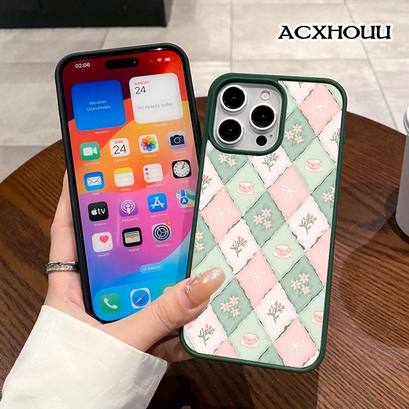 Pastel Tea Checker Pattern Magnetic Phone Case for iPhone 17 16 15 14 Pro Max 13 12 11 XR XS Plus Anti-Yellowing Shockproof Lightweight Transparent Acrylic Soft Cover Supports Wireless Charging