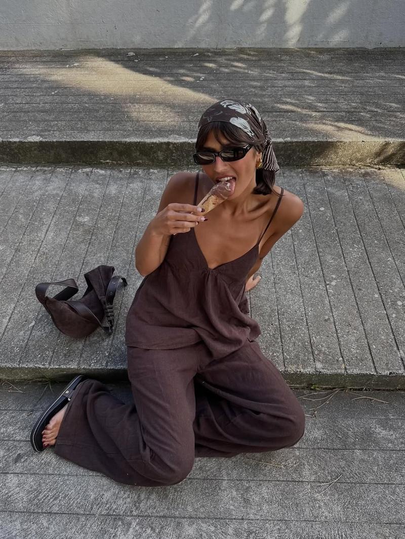 Fashion Casual Vacation Style Deep V Backless Crop Top and Wide Leg Pants Set, Sleeveless Fitted H-Type, Long Regular Length, Natural Waist