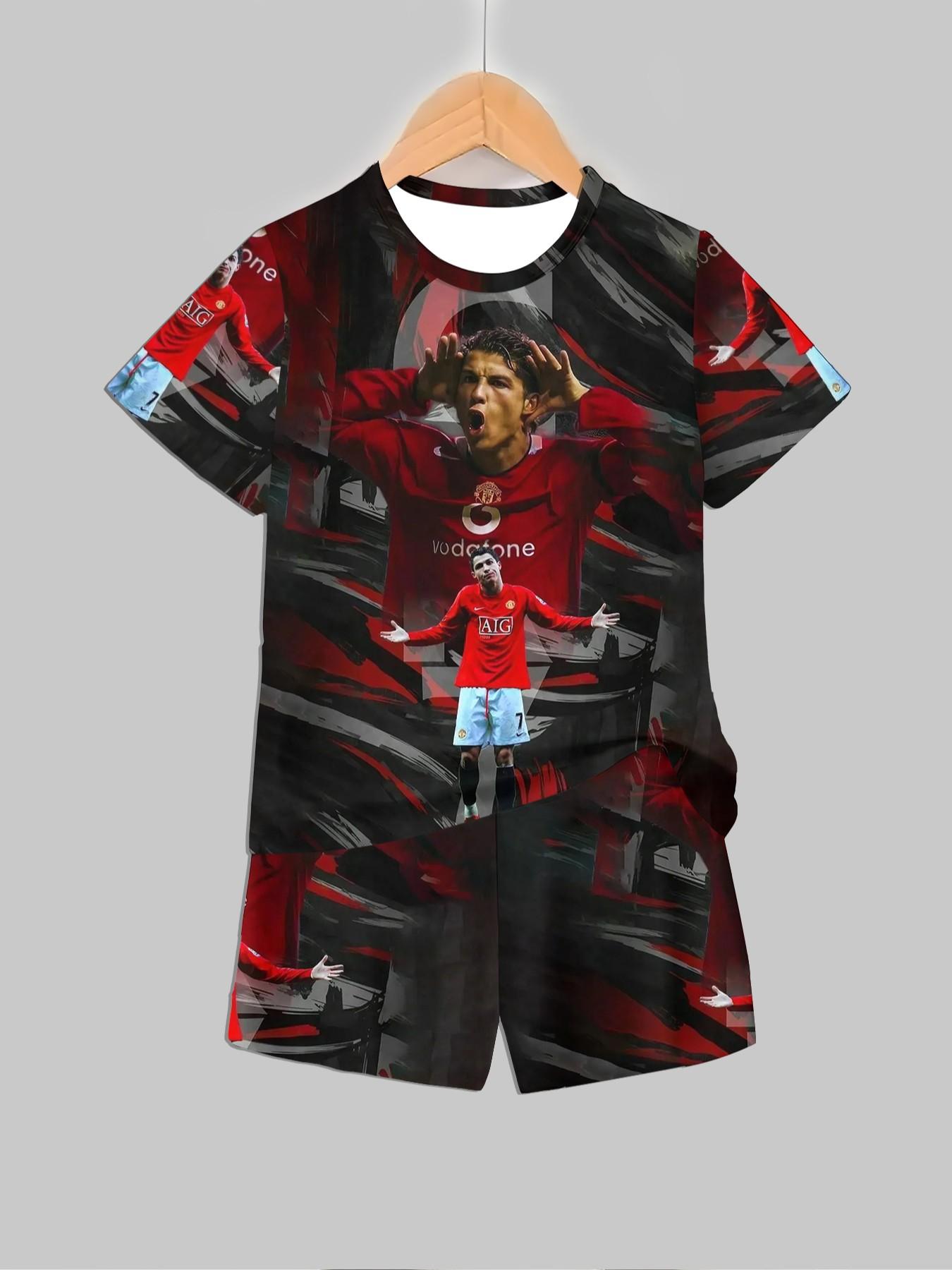 Boys' Colorblock Manchester United Cr7 Tee & Track Shorts, All over Print, Casual Summer, Party, Vacation, School Wear