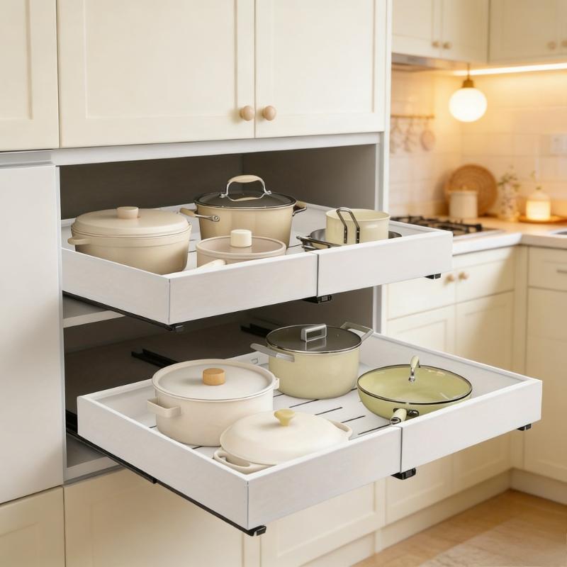 Adjustable Pull-Out Drawer Organizer, Kitchen Bathroom Universal Storage Rack, Smooth Rolling Wheels, Easy Adhesive Installation