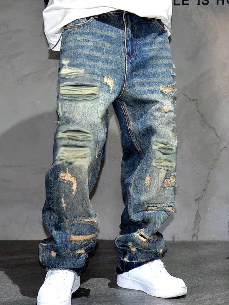 Men's Loose-Fit Denim Jeans, Casual Style Worn Look Ripped Design, Ripped Hole Jeans, All-Season Plain Straight Leg Jeans for Men