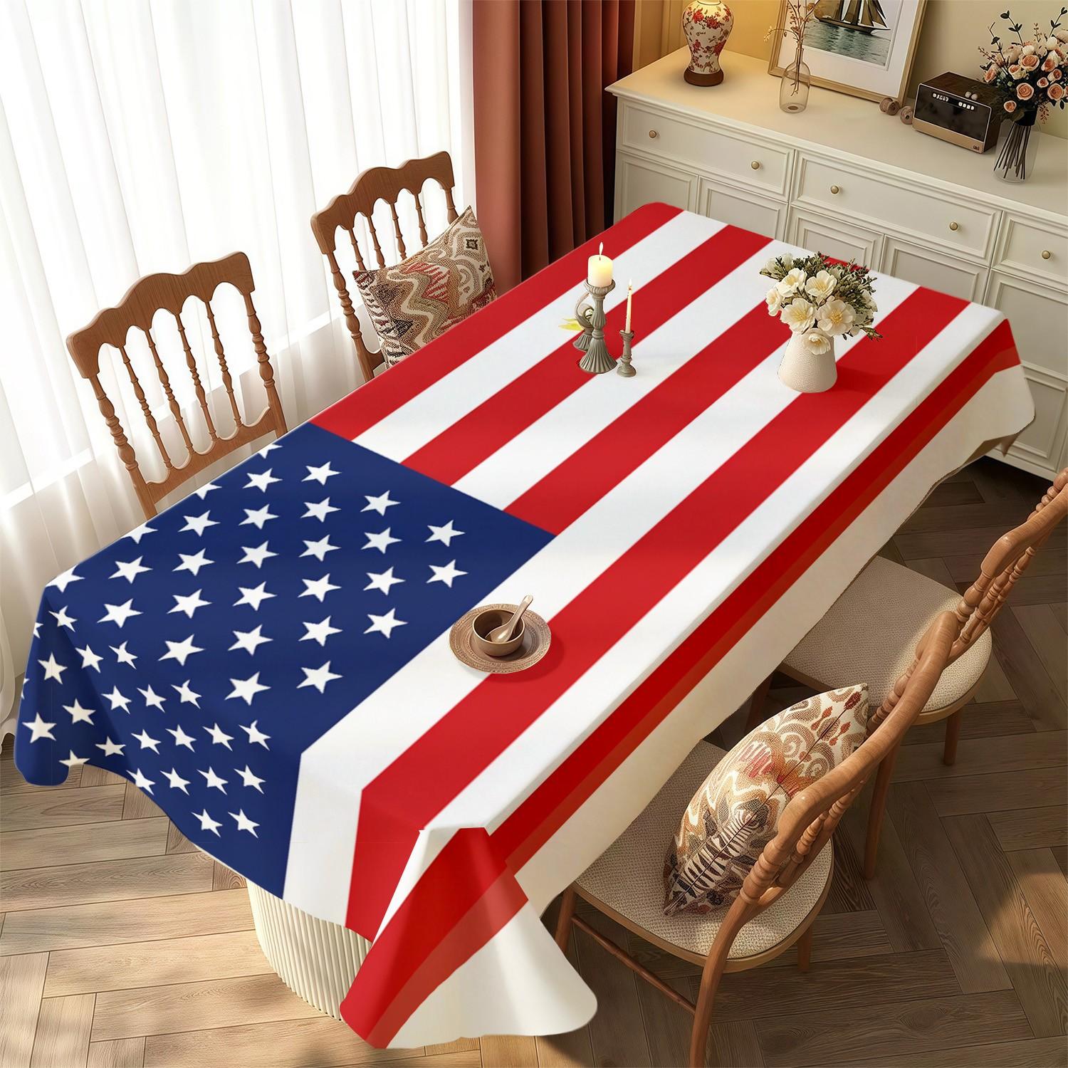 American Flag Pattern Rectangular Tablecloth, Polyester, Washable, Waterproof & Oil - Resistant, Multiple Sizes, Perfect for Family, Camping, Wedding, Bachelorette, Graduation, Minimalist Indoor Outdoor Dining & Living Space, Cozy Home Decor