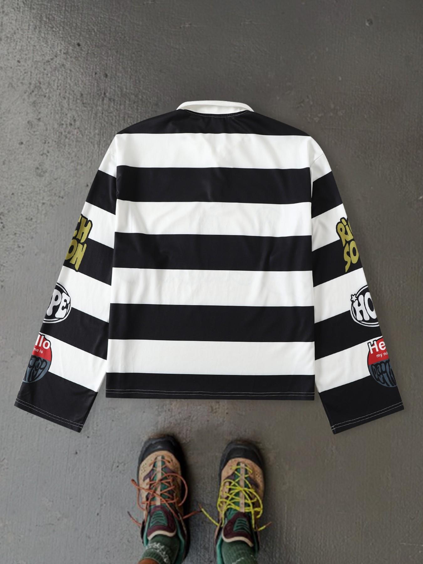 Y2K Style Striped Polo Shirt, Vintage Streetwear Long Sleeve Top 