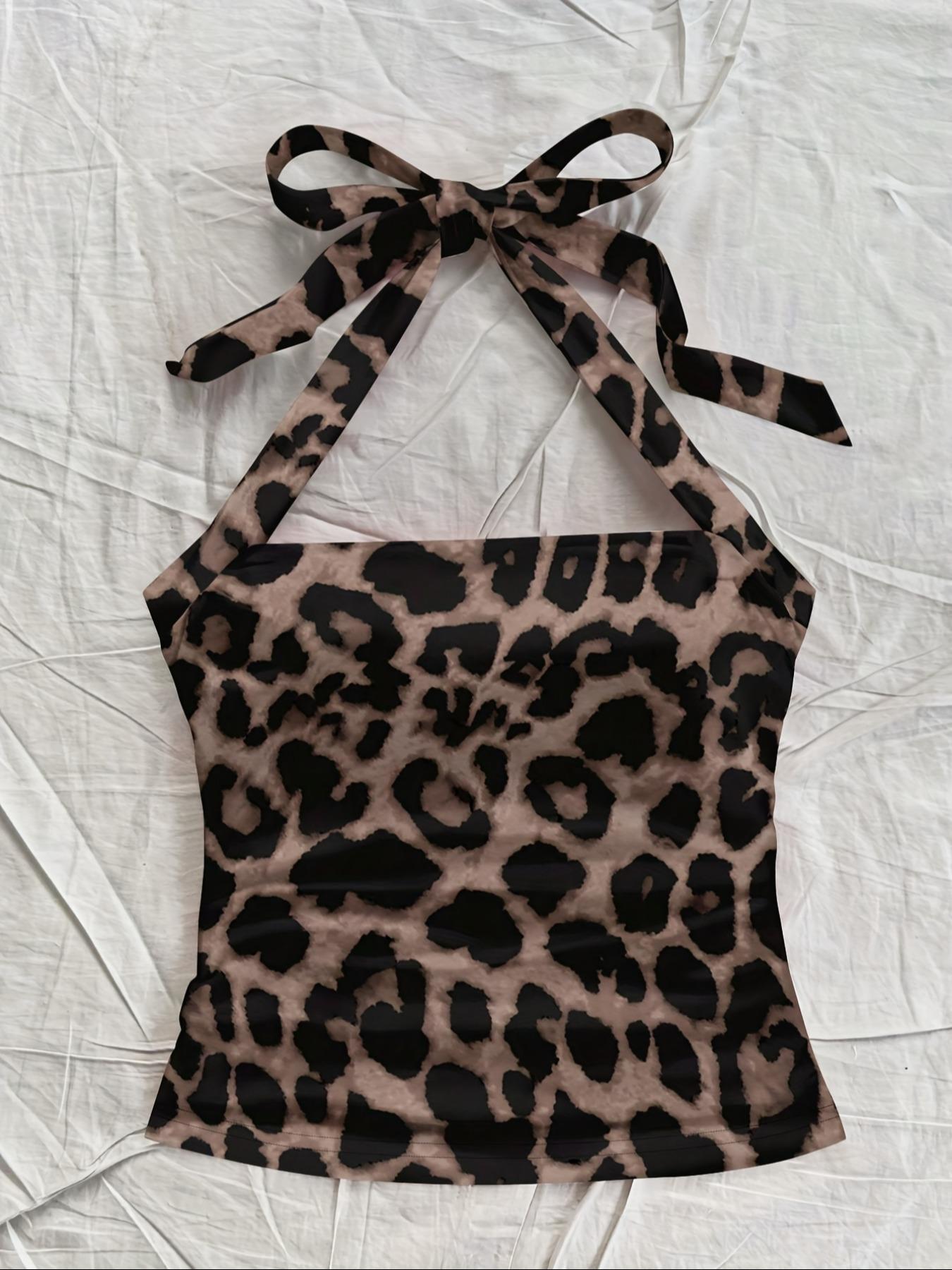 Women's Fashion Casual Halter Top, Leopard Print, Adjustable Straps, Sleeveless, Summer Beachwear, All Season Wearable