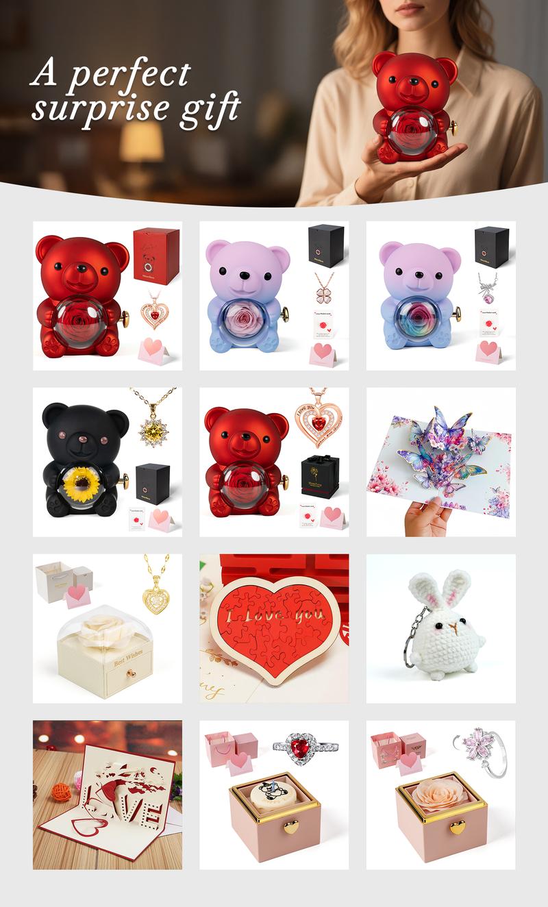 【 Mountova Original Patented】True Love Gift- Valentine's Day Real Rose Bear,Pink butterfly ring, this radiant and romantic gift is perfect for Valentine's Day ,a heartfelt token of affection for the cherished women in your life: mom, girlfriend,wife