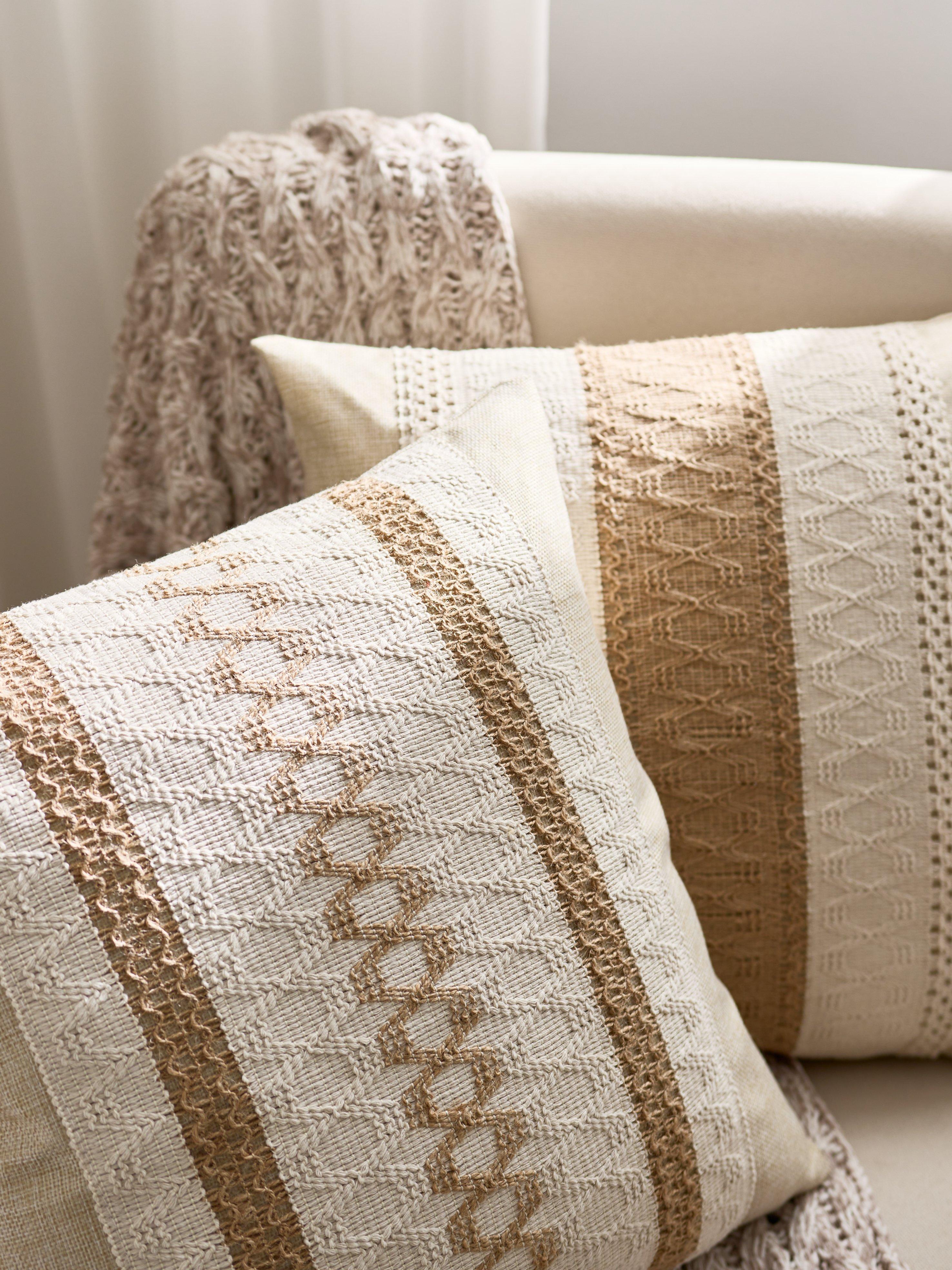 DRAGUE Boho Throw Pillow Covers, 17.7x17.7 in Set of 2 Beige Brown Farmhouse Textured Embroidered Striped Cushion Covers for Couch, Bedroom Home Decor (No Inserts Included)