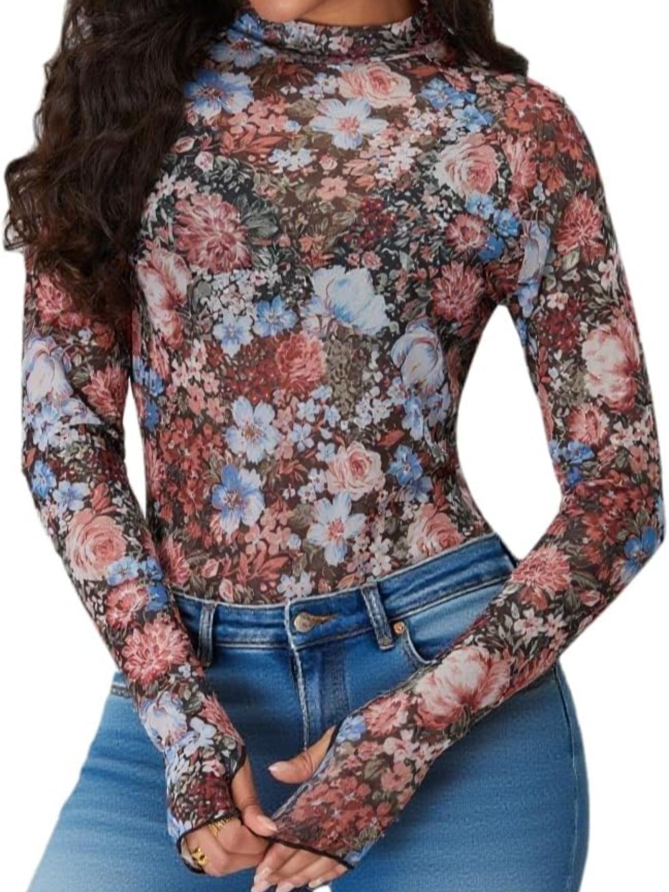 Women's Long Sleeved Mesh Lace Top, Ditsy Floral Print Tee, Fashion Casual Mock Neck T-shirt for Daily Outdoor Wear, Ladies Clothes for Spring & Fall