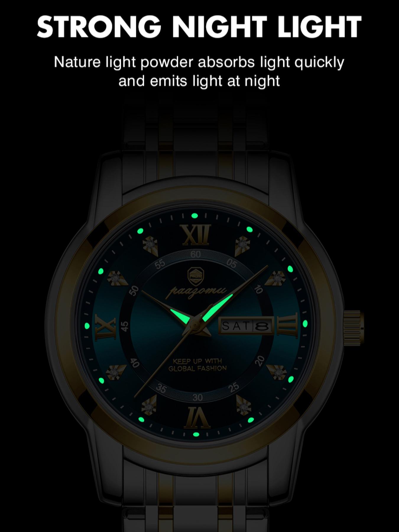 Paazomu Men's Wristwatch, Stainless Steel Waterproof Luminous, Casual Quartz Watch with Date and Week Display, Stylish Business Accessory
