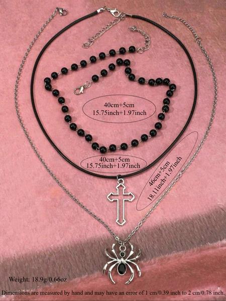 Women's Punk Style Spider Cross Pendant Necklace Set, Vintage Dark Gothic Design, Beaded Chain Jewelry for Parties