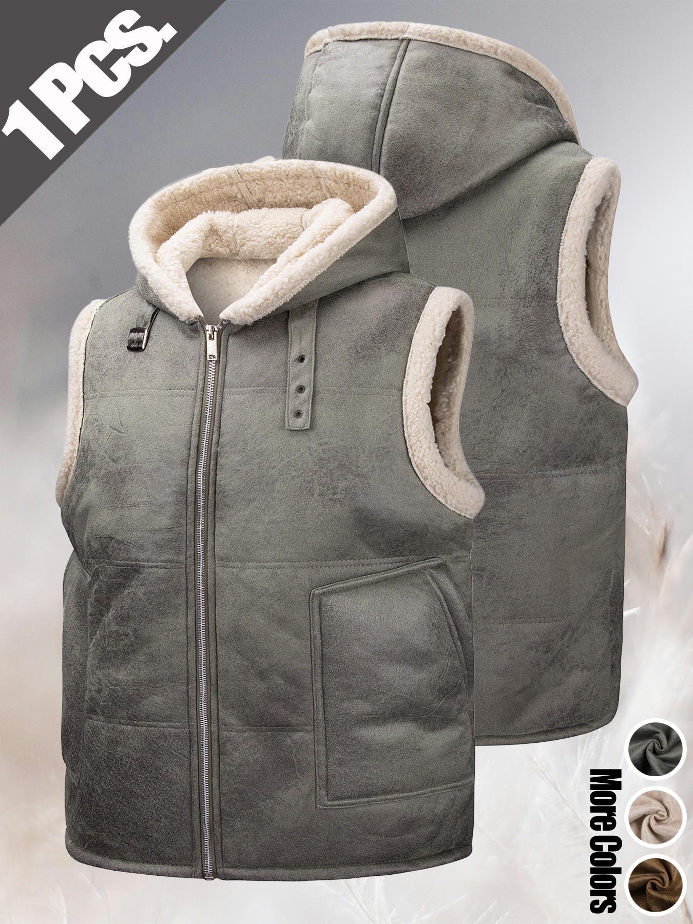 Men's Must-have Trendy Loose Breathable Fleece Lined Warm Faux Fur Integrated Hooded Vest Gilet Windproof Sherpa Outerwear Versatile Casual Sleeveless Jacket for Daily Commute Wild Adventure Hiking Mountain Trekking and Daily Outdoor Casual Outfits