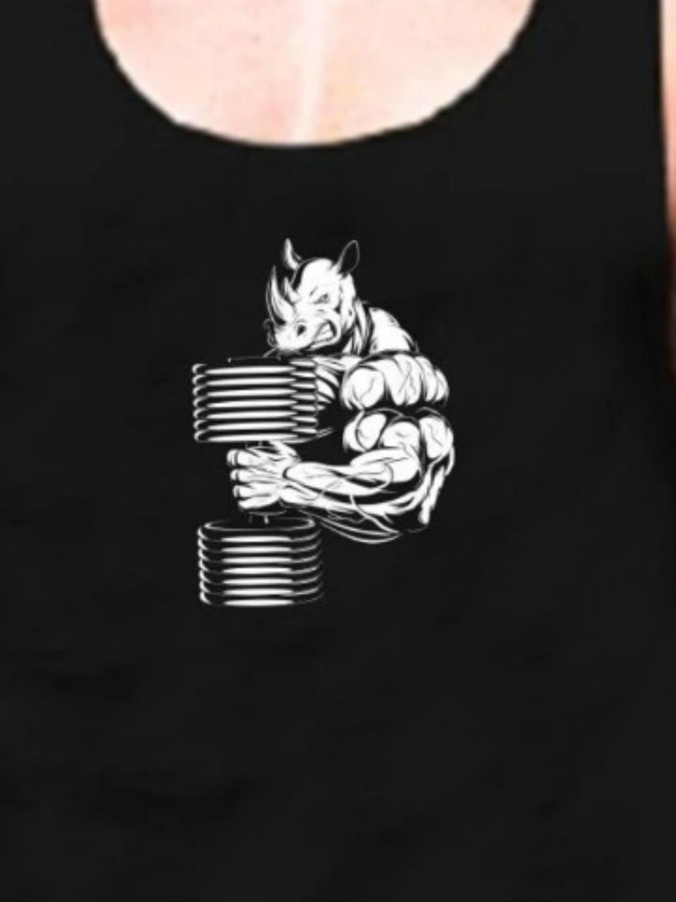 Men's Rhino Weightlifting Graphic Fitness Tank Top, Sporty Loose-Fitting Sleeveless Shirt, Muscle Building Workout Wear, All Seasons