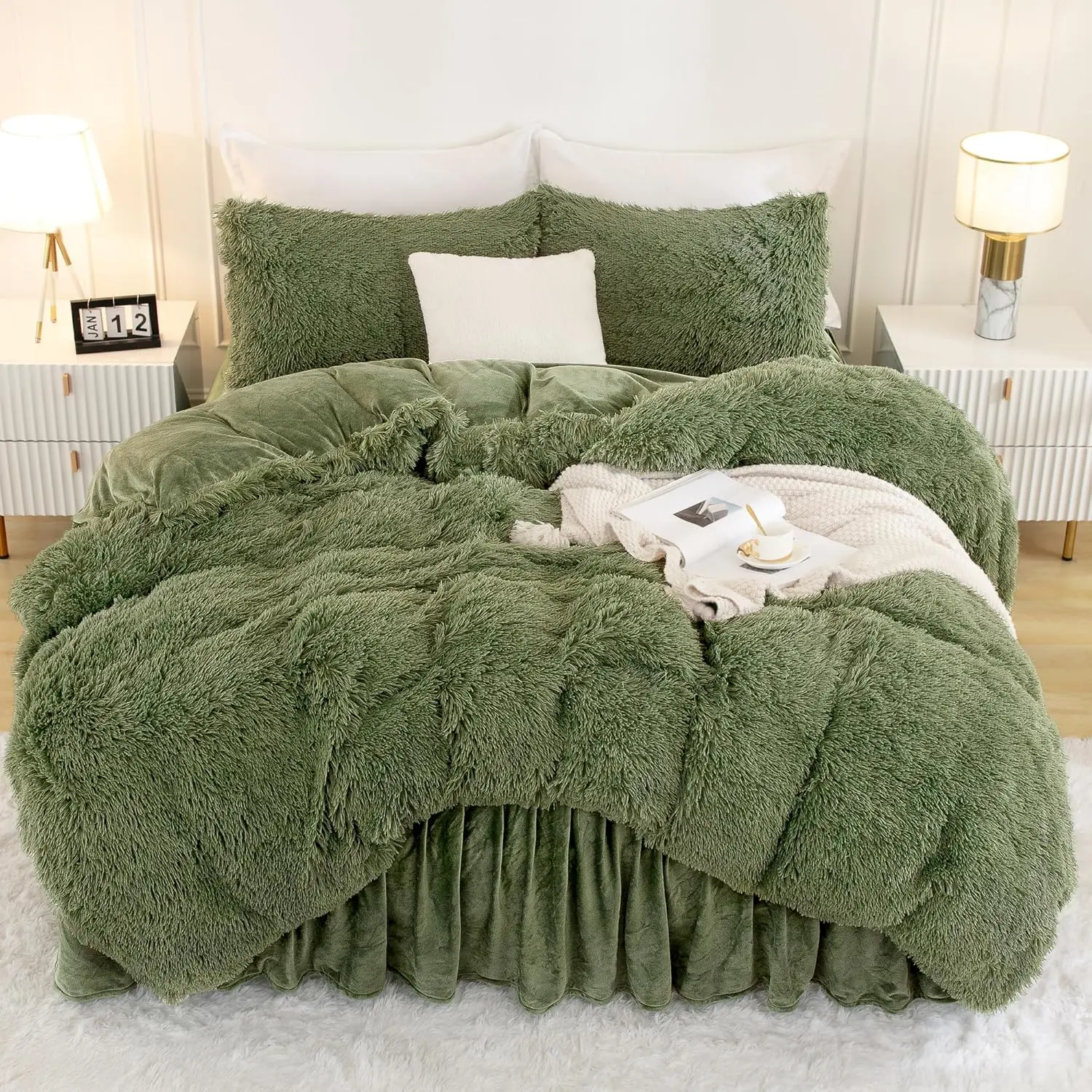 Faux Fur Sage Green Comforter Set Queen Size, 3 Pieces Fuzzy Plush Bedding Comforter Set (1 Shaggy Velvet Comforter & 2 Pillowcases), Soft Puffy Comfy Down Comforter Bedding Set